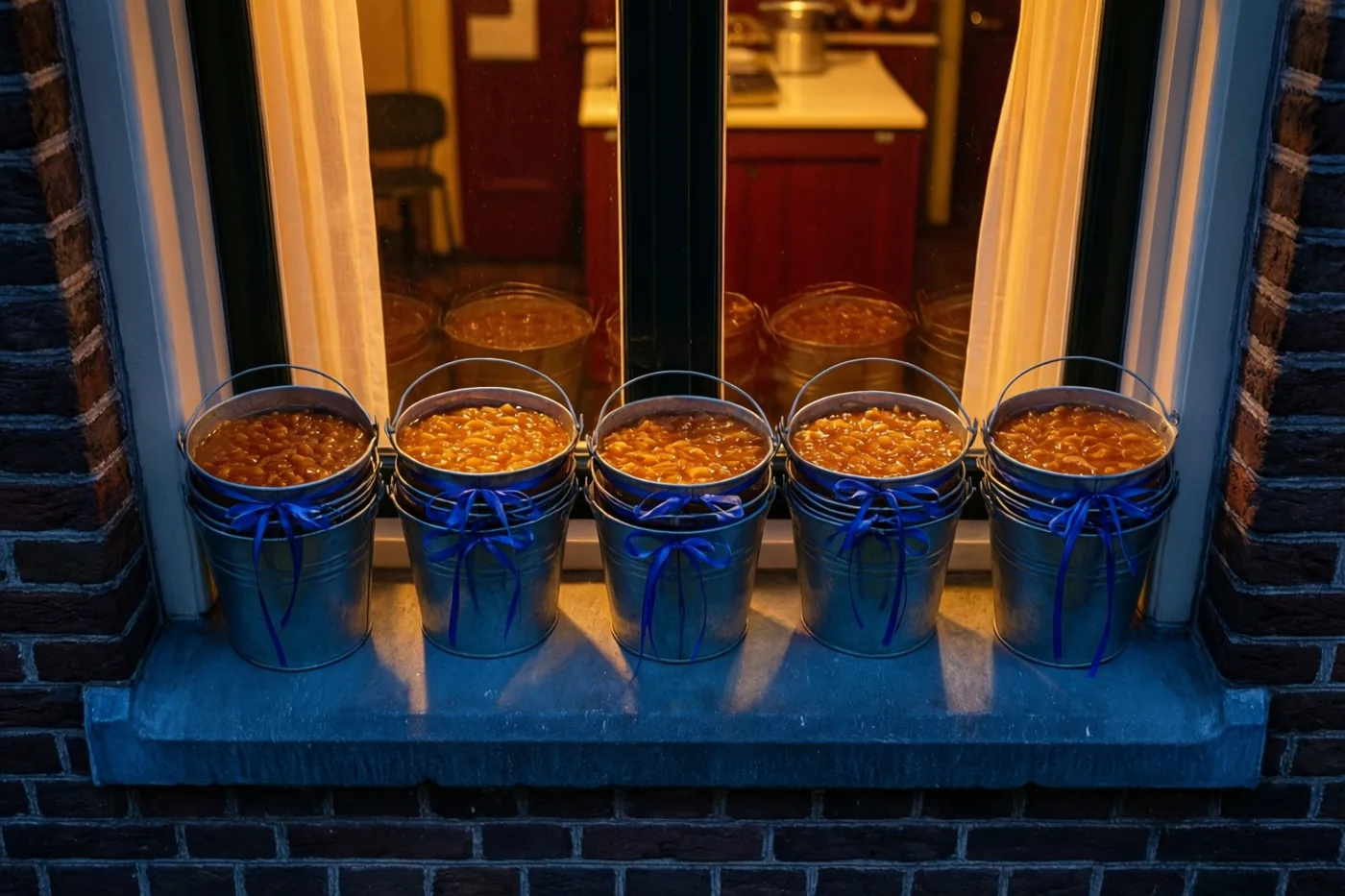Vijf verzinkte emmertjes met goudbruine doopsuiker en blauwe linten staan op een stenen vensterbank van een bakstenen huis met warm licht van binnen.