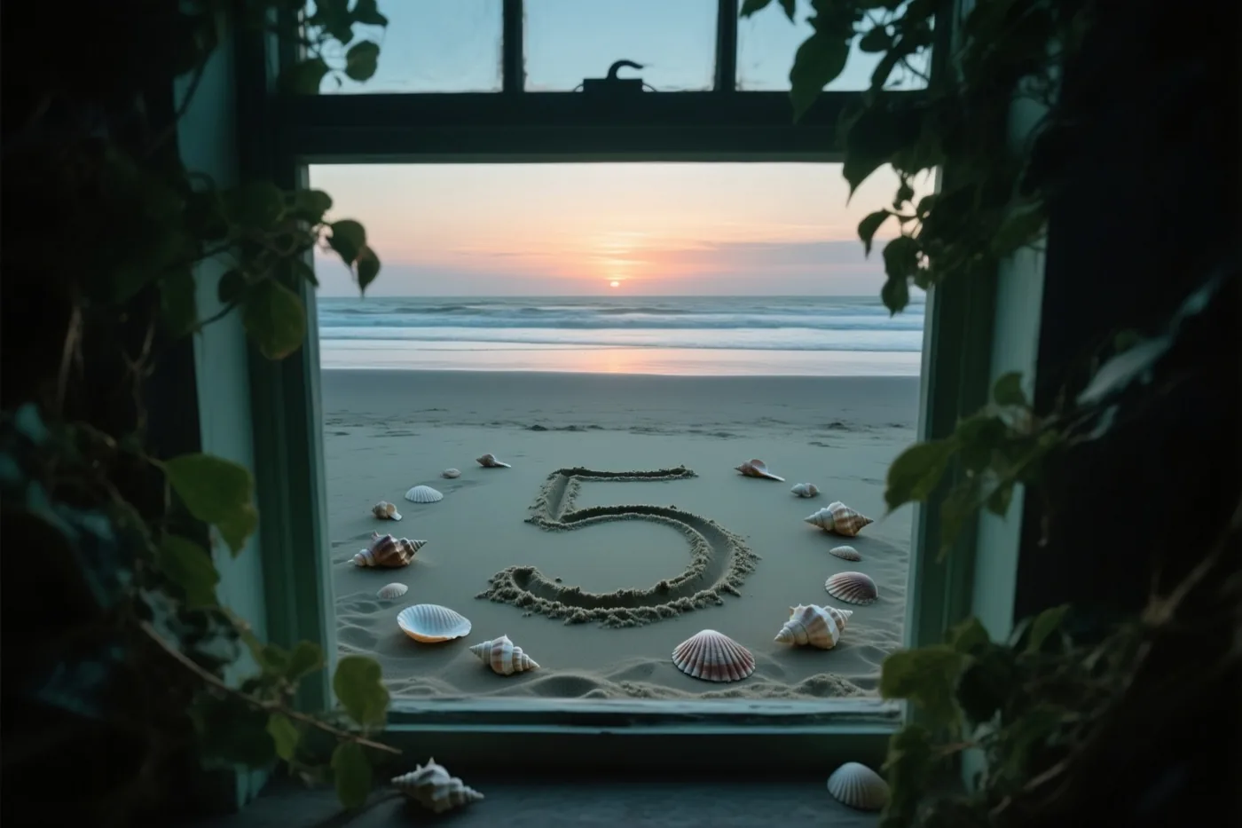Door een raam met groen gebladerte is een cijfer 5 in het strandzand tussen schelpen te zien, met een kalme zee onder een oranje en blauwe avondlucht.