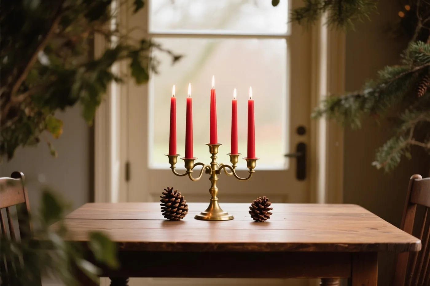Een messing kandelaar met vijf brandende rode kaarsen staat tussen twee dennenappels op een houten tafel, met groen langs de beeldrand en een deur op de achtergrond.