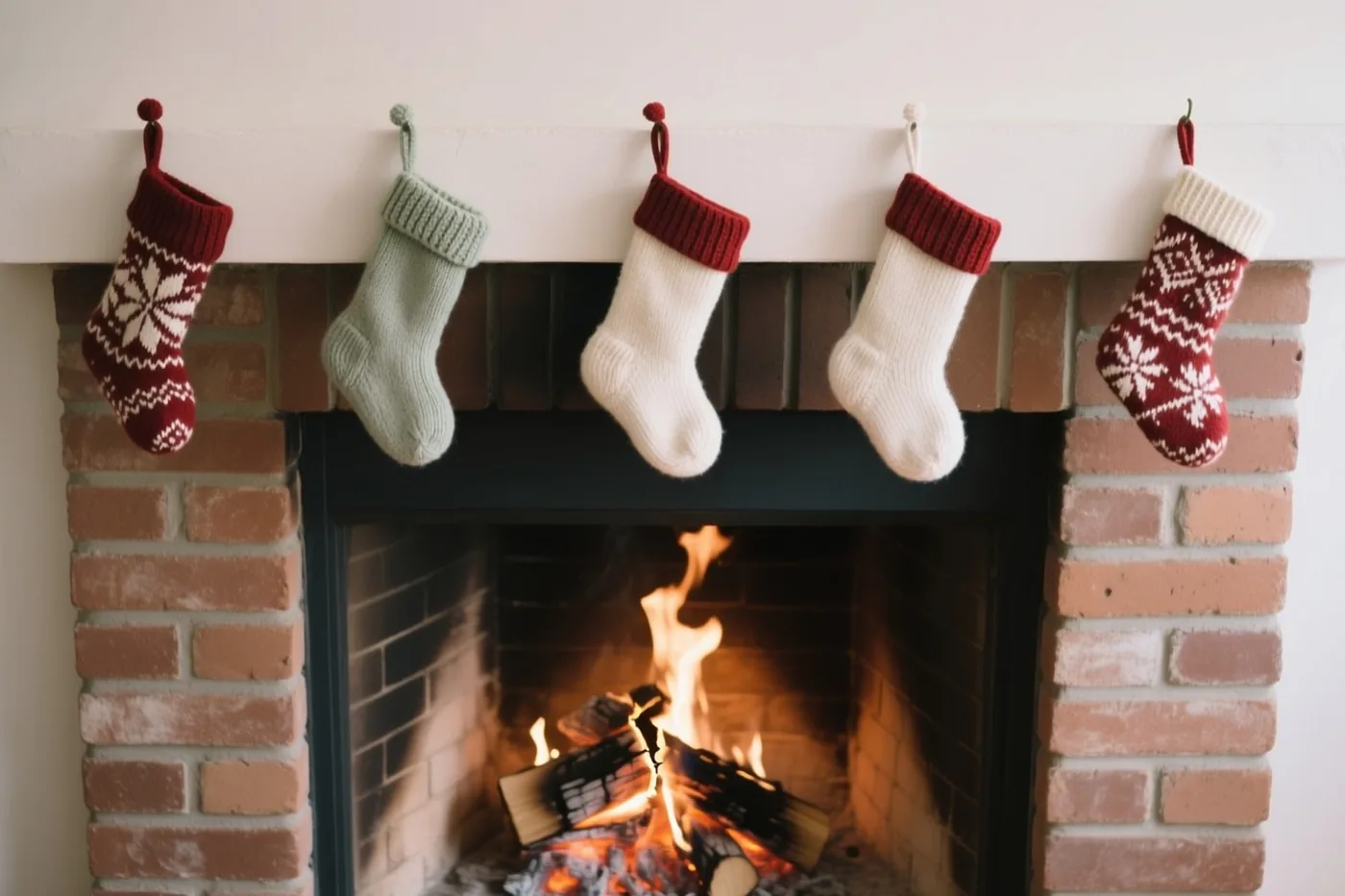Vijf gebreide kerstsokken hangen aan een witte schouw boven een brandend vuur in een bakstenen haard, in een beeld met rood, wit en baksteenbruin.