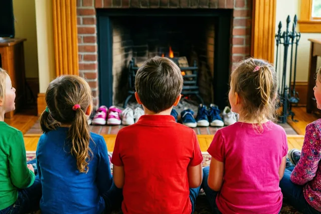 Vijf kinderen zitten met hun rug naar de camera op de vloer voor een brandende haard, in onder meer rode, blauwe en roze kleren.
