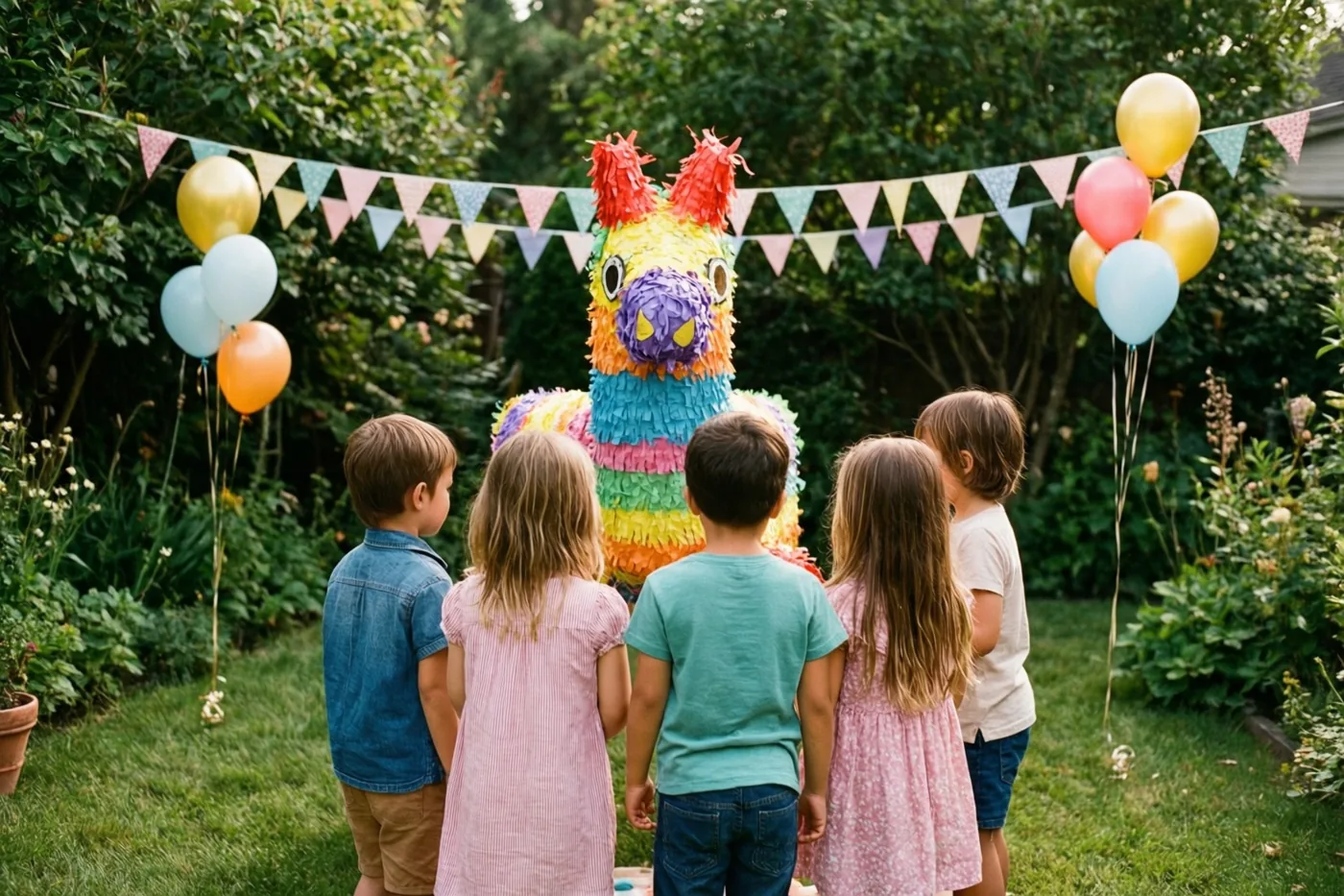 Vijf kinderen, van achteren gezien, staan rond een kleurrijke papieren piñata in de vorm van een lama in een tuin met pastelvlaggetjes en trosjes ballonnen.