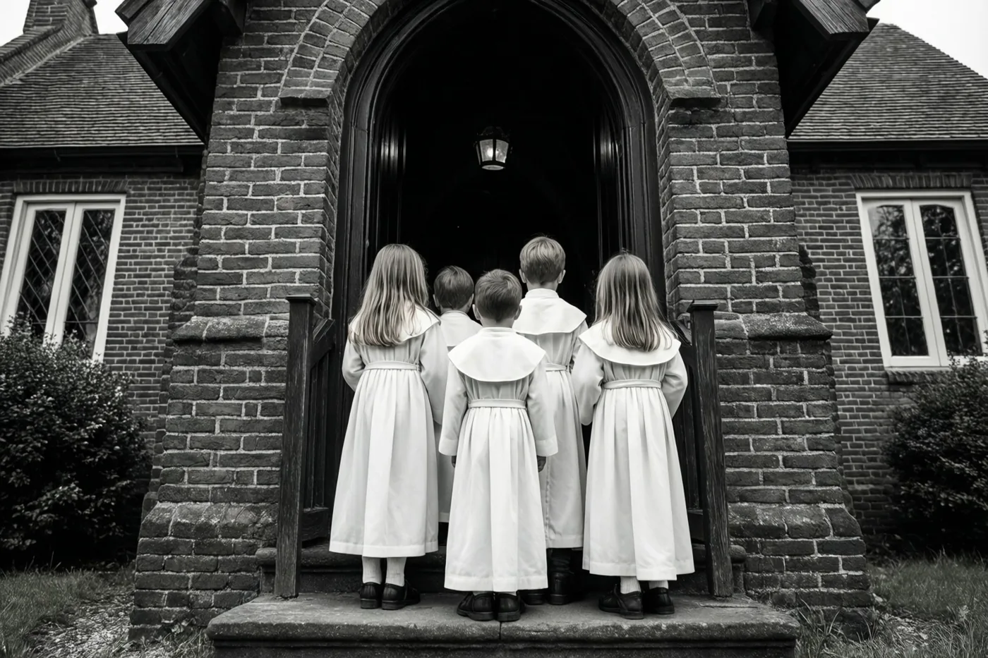 Vijf kinderen in witte gewaden staan met hun rug naar de camera op de treden van een bakstenen kerkportaal op een zwart-witfoto.