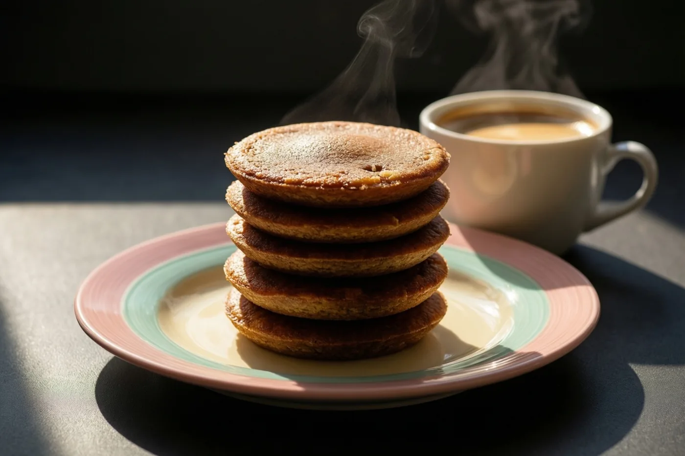 Vijf goudbruine koffiekoeken liggen opgestapeld op een pastelkleurig bord naast een witte mok dampende koffie, met zachte schaduwen op een donkere ondergrond.