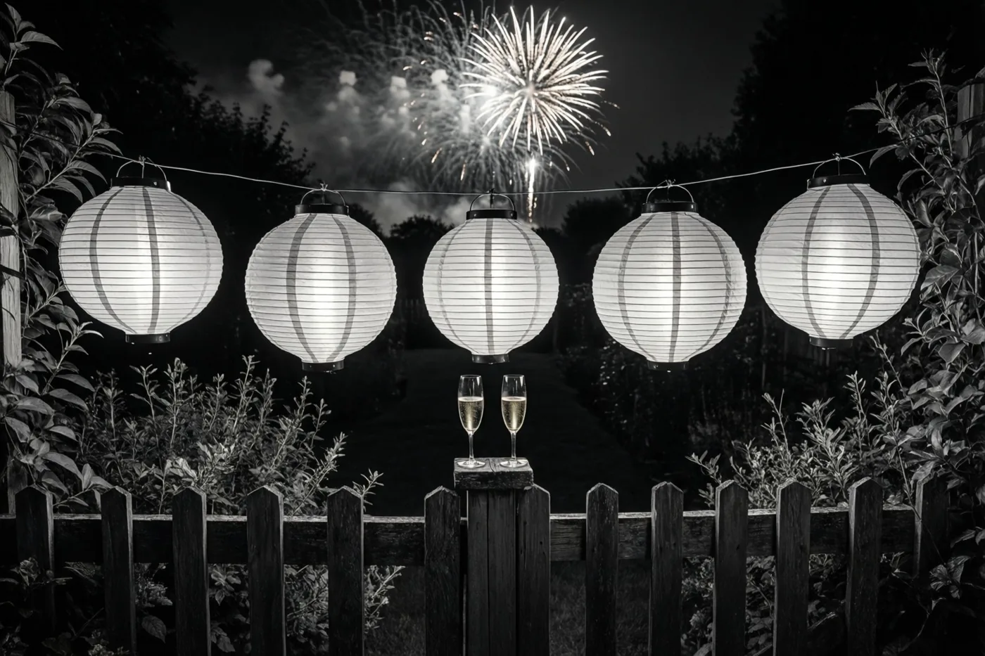 Op een zwart-witfoto hangen vijf brandende papieren lampionnen boven een houten schutting, met twee champagneglazen op een paal en vuurwerk aan de nachtelijke hemel.