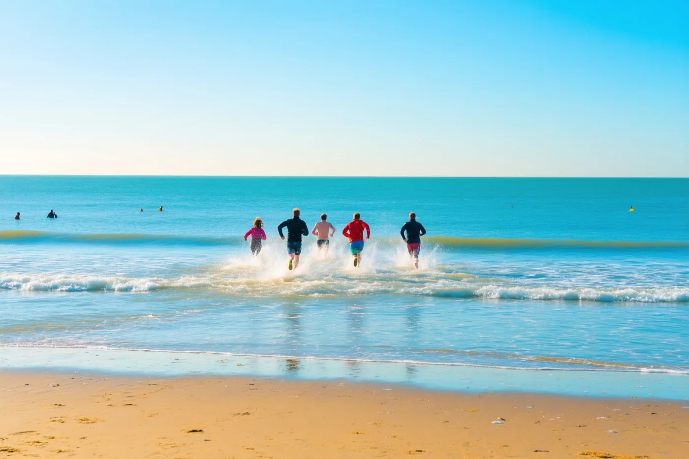Vijf mensen rennen vanaf een zandstrand de zee in onder een helderblauwe hemel, in blauwe en goudgele tinten.