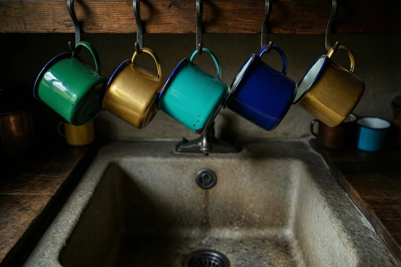 Vijf felgekleurde oude emaille mokken hangen boven een verweerde stenen gootsteen in een landelijke keuken met houten elementen.