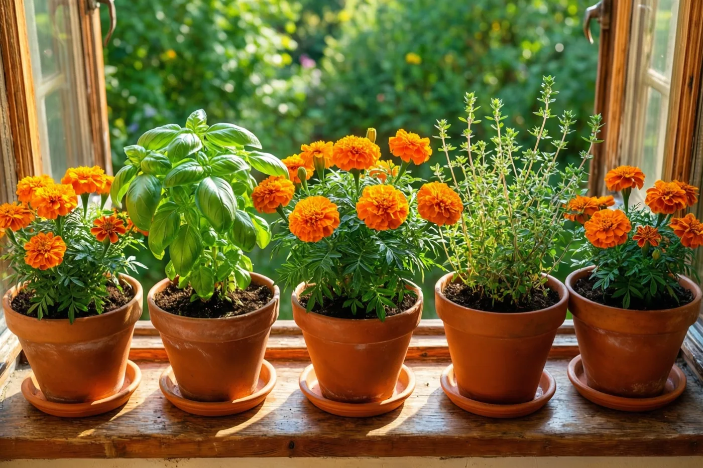 Vijf terracotta potten met afrikaantjes, basilicum en tijm staan naast elkaar op een houten vensterbank in het zonlicht.