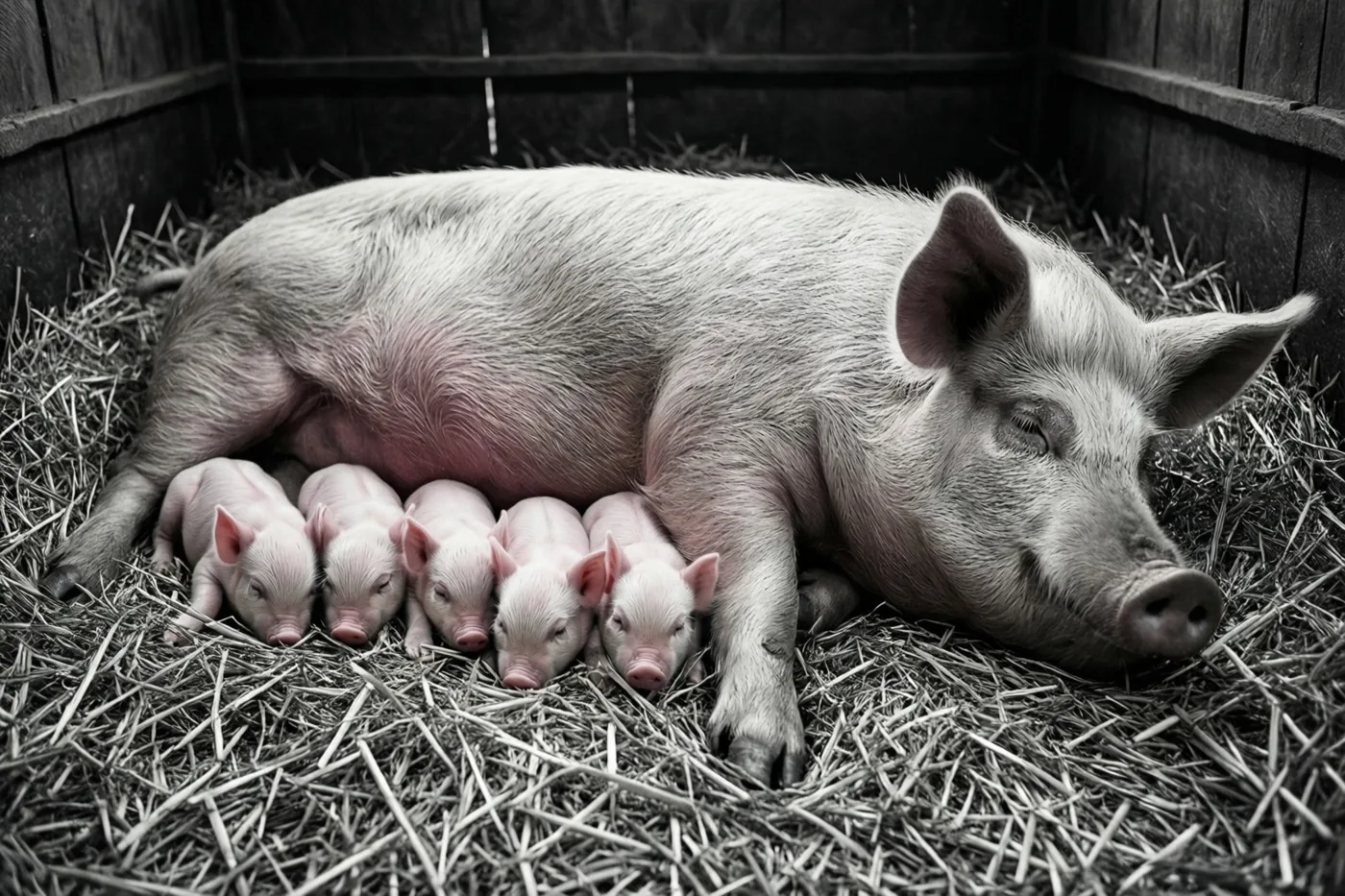 Vijf roze biggetjes slapen op een rij tegen de buik van een moedervarken in een hok met stro, tegen een achtergrond in grijstinten.