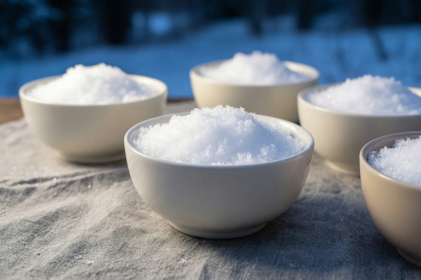 Vijf witte porseleinen schaaltjes met verse sneeuw staan op een grijze linnen doek buiten in een besneeuwde omgeving met een koelblauwe achtergrond.