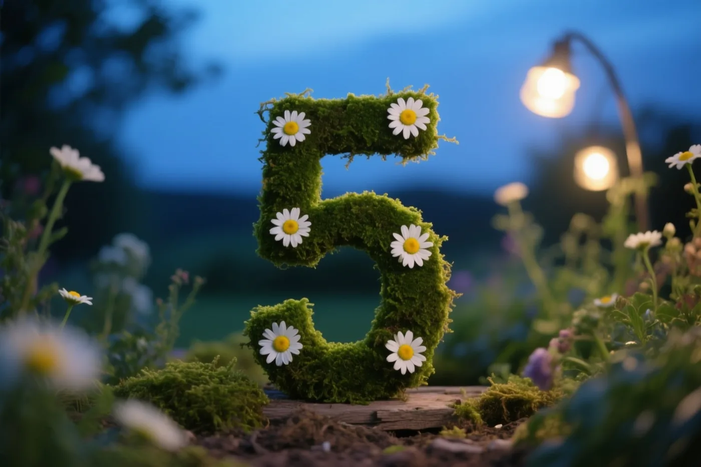 Een cijfer 5 van groen mos met witte madeliefjes staat in een landelijke tuin, verlicht door warme tuinlampen onder een blauwe schemerlucht.