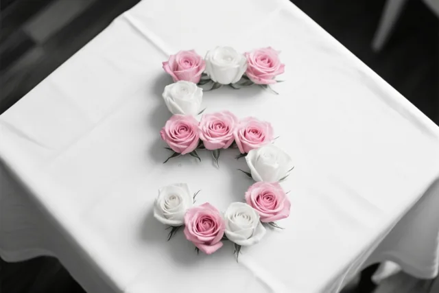 Van recht bovenaf is het cijfer 5 te zien, gevormd door roze en witte rozen op een wit tafelkleed met subtiele grijstinten op de achtergrond.