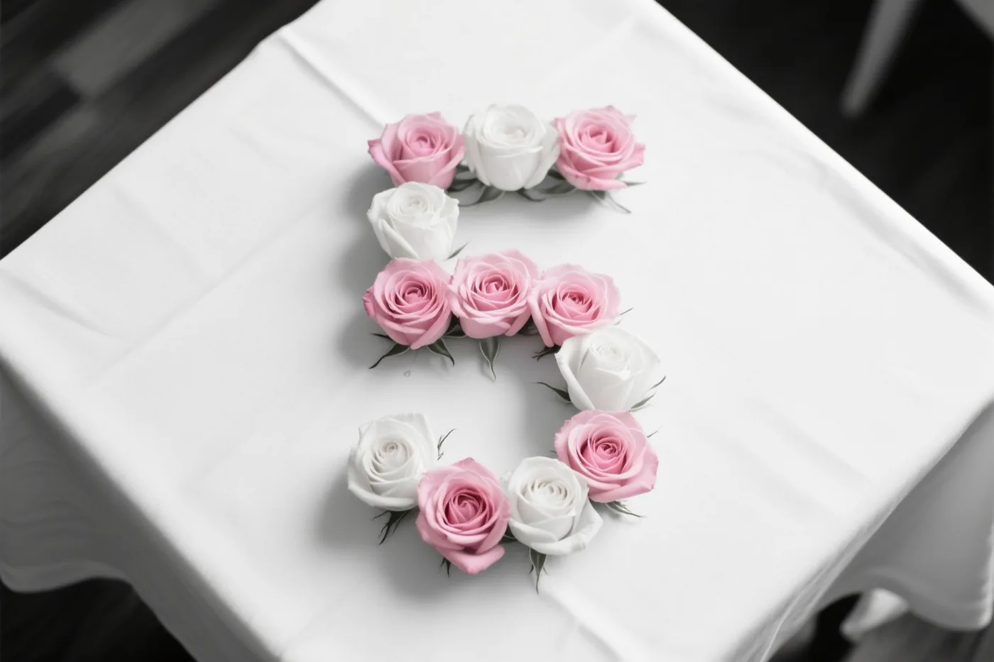 Van recht bovenaf is het cijfer 5 te zien, gevormd door roze en witte rozen op een wit tafelkleed met subtiele grijstinten op de achtergrond.