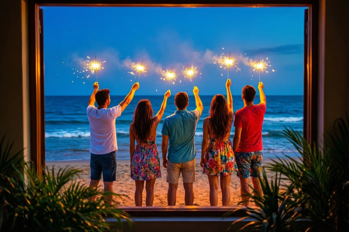 Door een deuropening met kamerplanten op de voorgrond zijn vijf vrienden van achteren te zien die in de schemering sterretjes omhooghouden en vanaf het strand naar zee kijken.