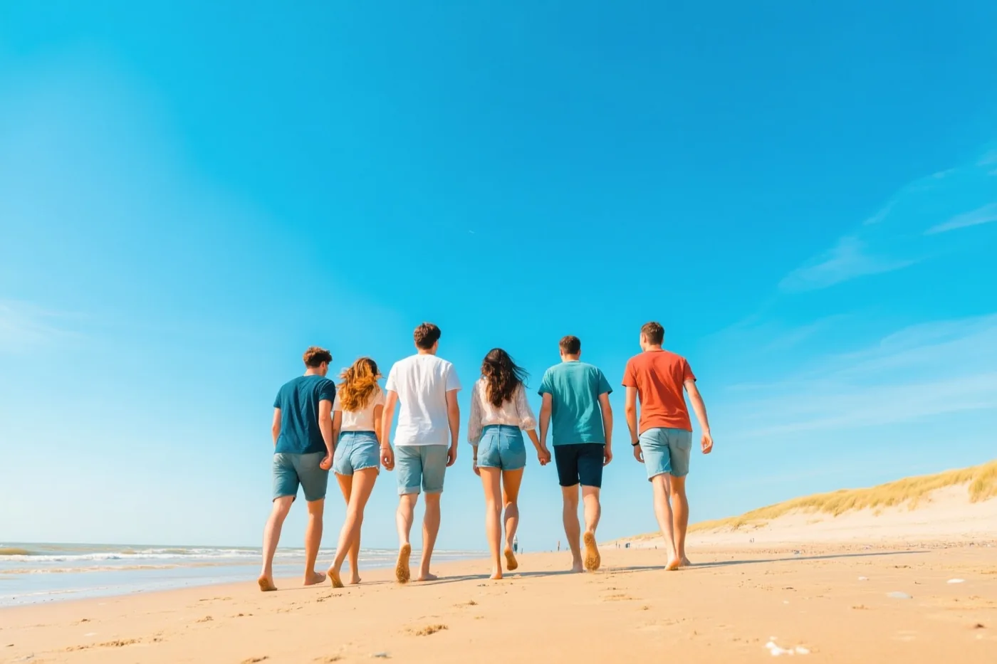 Vijf vrienden lopen met hun rug naar de kijker over een zandstrand aan de kust onder een heldere blauwe hemel.