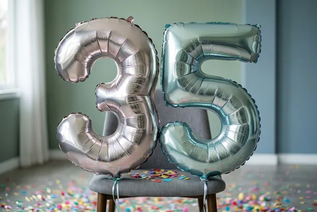 Twee grote metaalglanzende ballonnen in de vorm van 3 en 5 zijn vastgemaakt aan een grijze stoel, met kleurrijke confetti op de vloer en een raam en lichtgroene muren erachter.