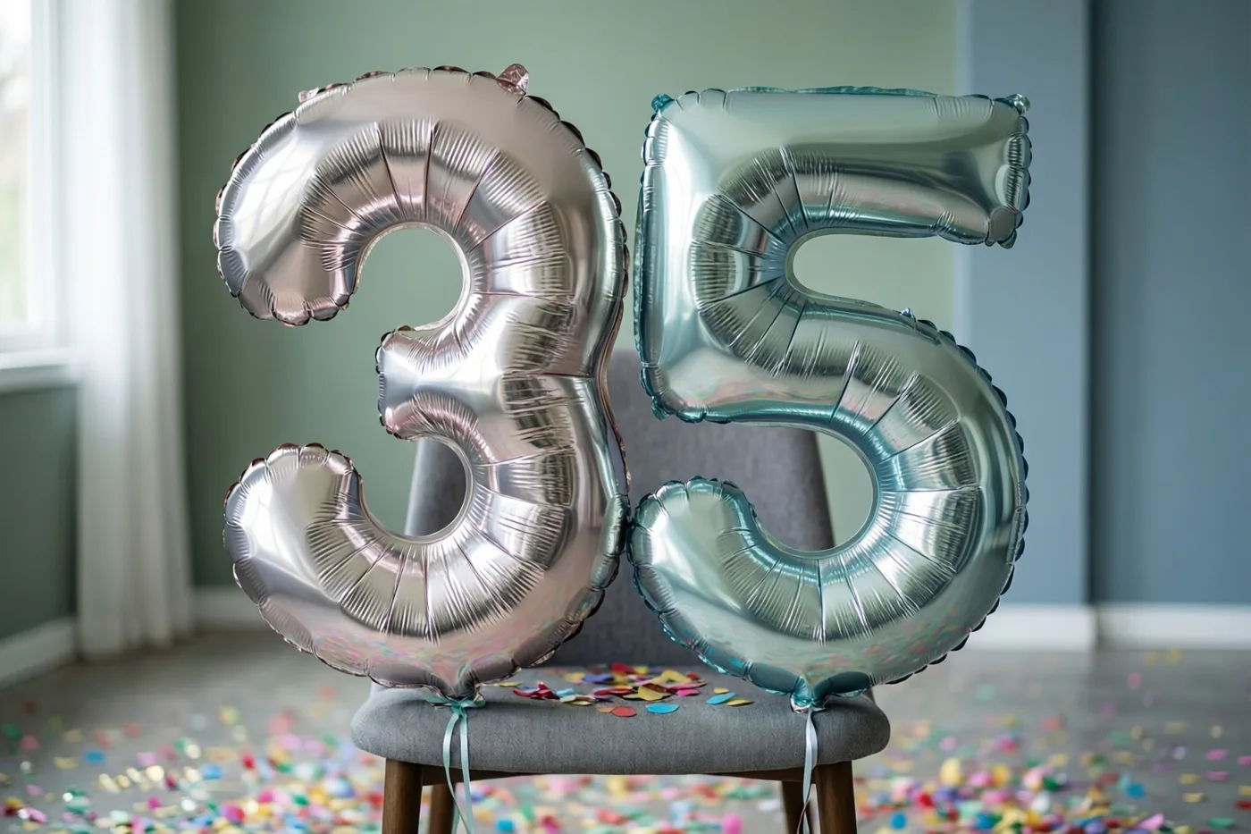 Twee grote metaalglanzende ballonnen in de vorm van 3 en 5 zijn vastgemaakt aan een grijze stoel, met kleurrijke confetti op de vloer en een raam en lichtgroene muren erachter.