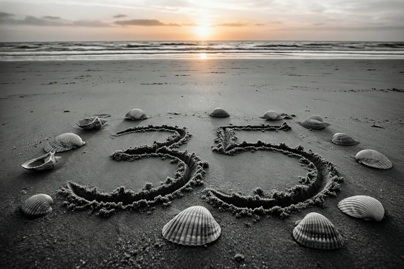 Een zwart-witbeeld toont 35 in het strandzand tussen schelpen, met de gloed van de ondergaande zon op de achtergrond.