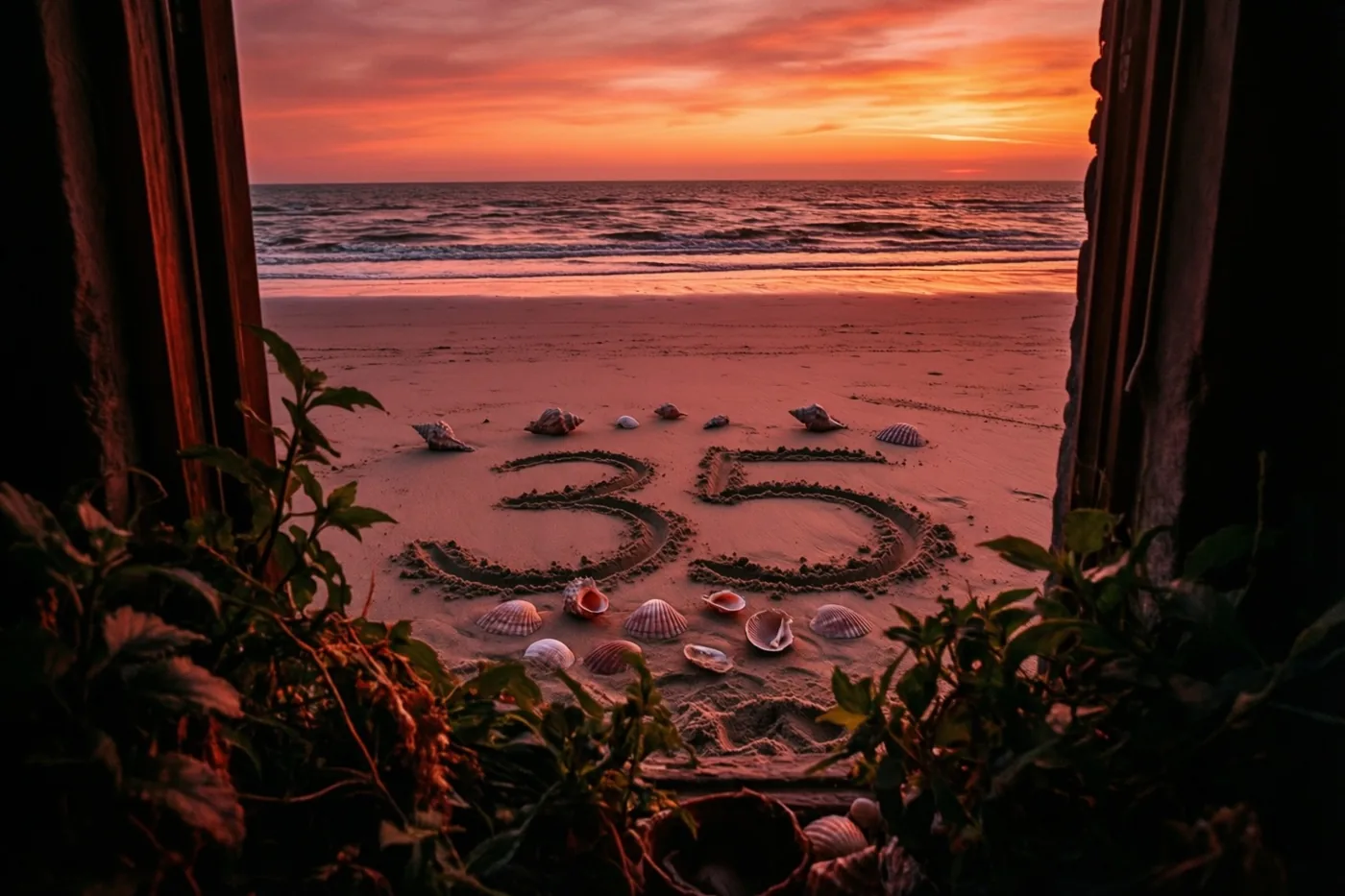 Door een donker houten raamkozijn met groen op de voorgrond is 35 in het strandzand te zien, tussen schelpen bij een oranje-roze zonsondergang.