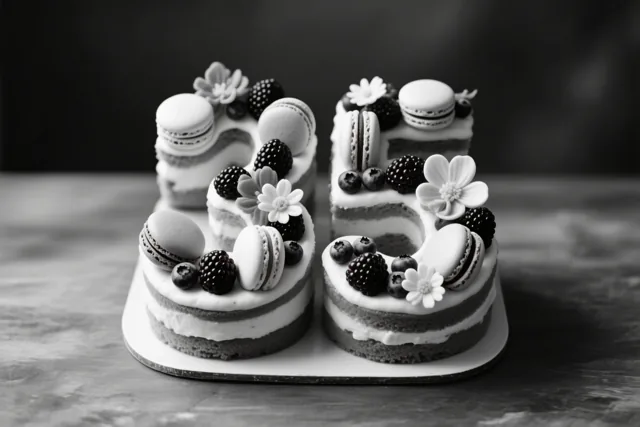 Een zwart-witfoto toont twee gelaagde cijfertaarten die samen 35 vormen, met macarons, bessen en eetbare bloemen op een wit bord tegen een donkere, wazige achtergrond.