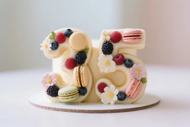 Een taart in de vorm van 35 met bessen, macarons en eetbare bloemen staat op een wit bord tegen een zacht vervaagde achtergrond.