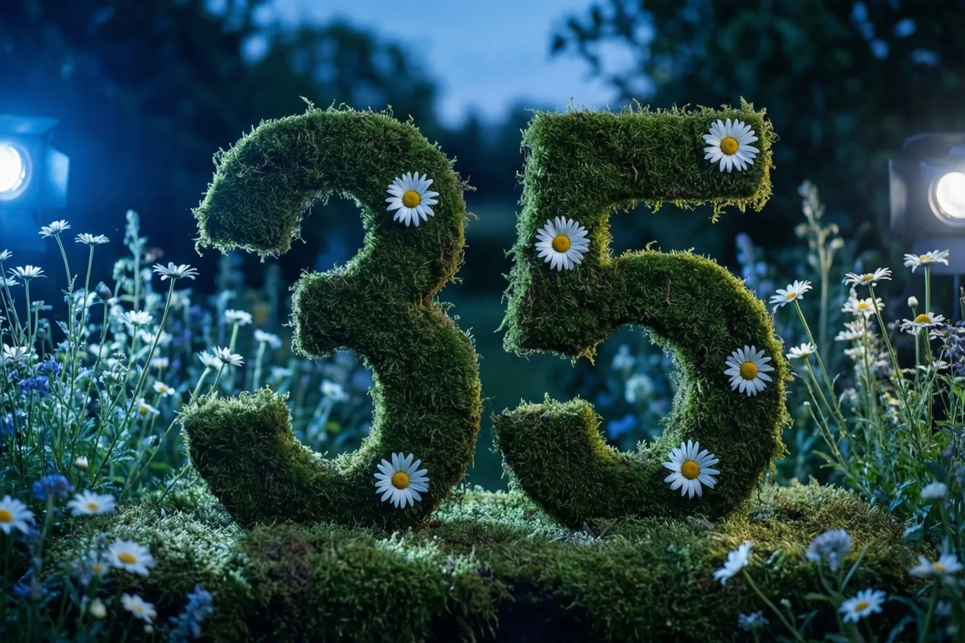 Het getal 35 van mos en madeliefjes staat bij schemering in een tuin, verlicht door spots in een blauwgroene omgeving.