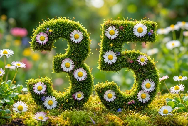 Het getal 35 is gemaakt van een weelderig groen mosframe met madeliefjes in een lichte, rustieke tuin.