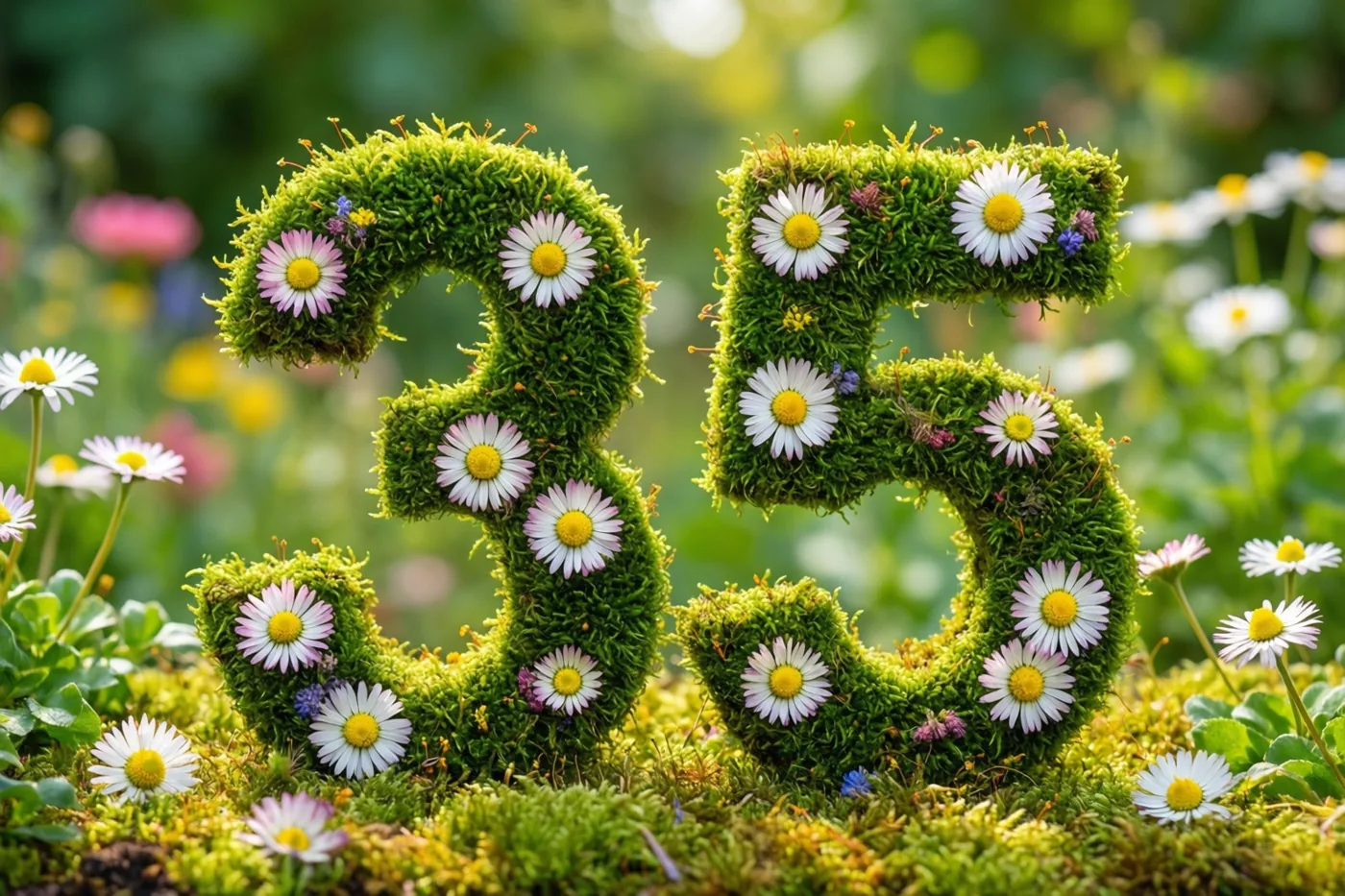 Het getal 35 is gemaakt van een weelderig groen mosframe met madeliefjes in een lichte, rustieke tuin.