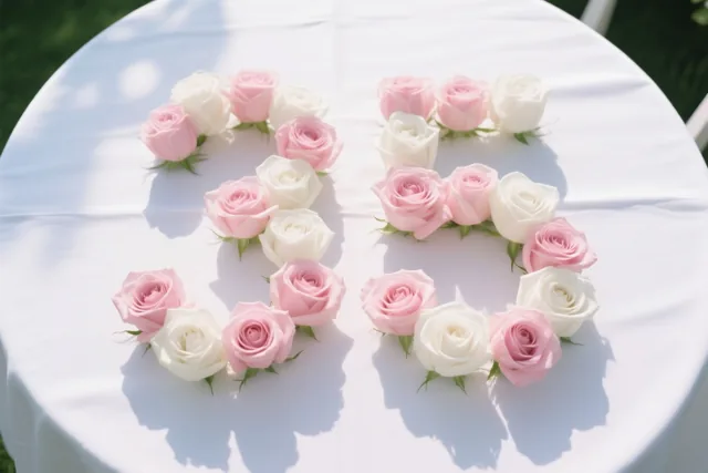 Roze en witte rozen vormen buiten in fel zonlicht het getal 35 op een wit tafelkleed, van bovenaf gezien met zachte schaduwen.