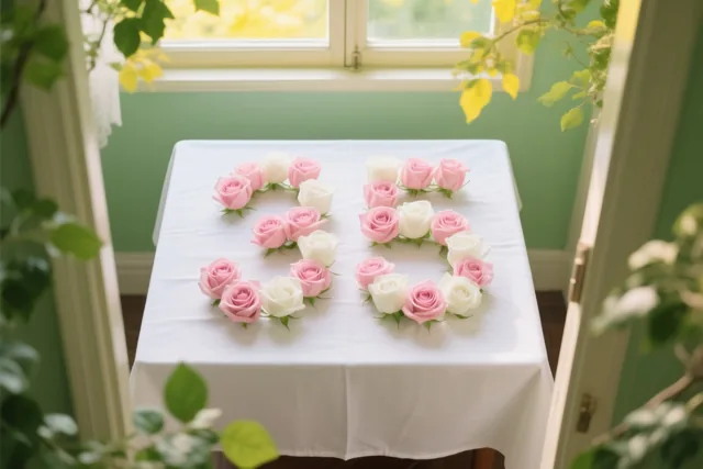 Van bovenaf gezien vormen roze en witte rozen 35 op een wit tafelkleed in een zonnige kamer met groene muren en bladeren langs de randen.