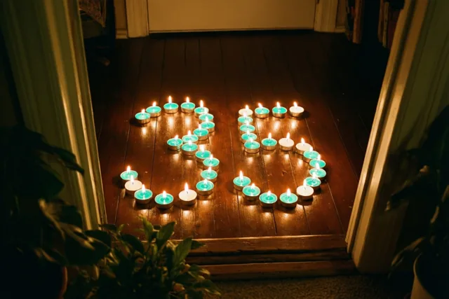 Door een deuropening zijn brandende theelichtjes te zien die 35 vormen op een donkere houten vloer.