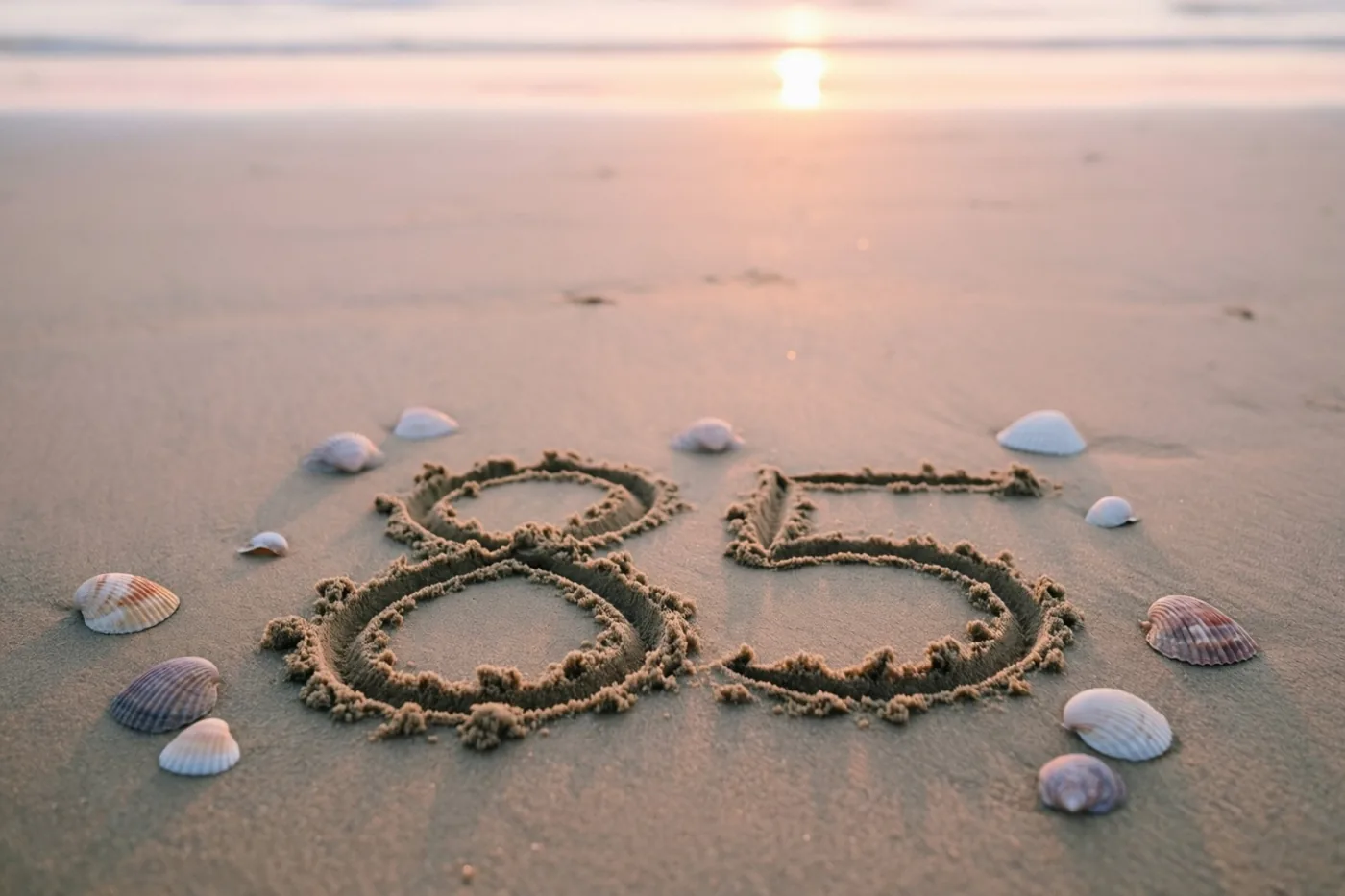 Het getal 85 is in het strandzand getekend tussen schelpen, onder een zonsondergang in gouden en roze tinten.