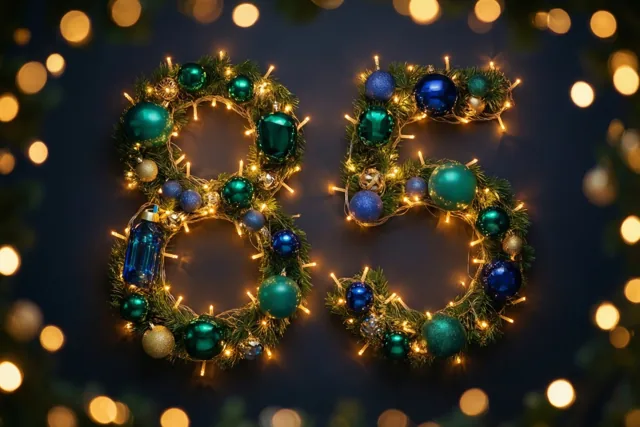 Groene dennentakken met blauwe en blauwgroene versieringen en warme lichtjes vormen 85 tegen een donkere muur met onscherpe gouden lichtpunten op de achtergrond.