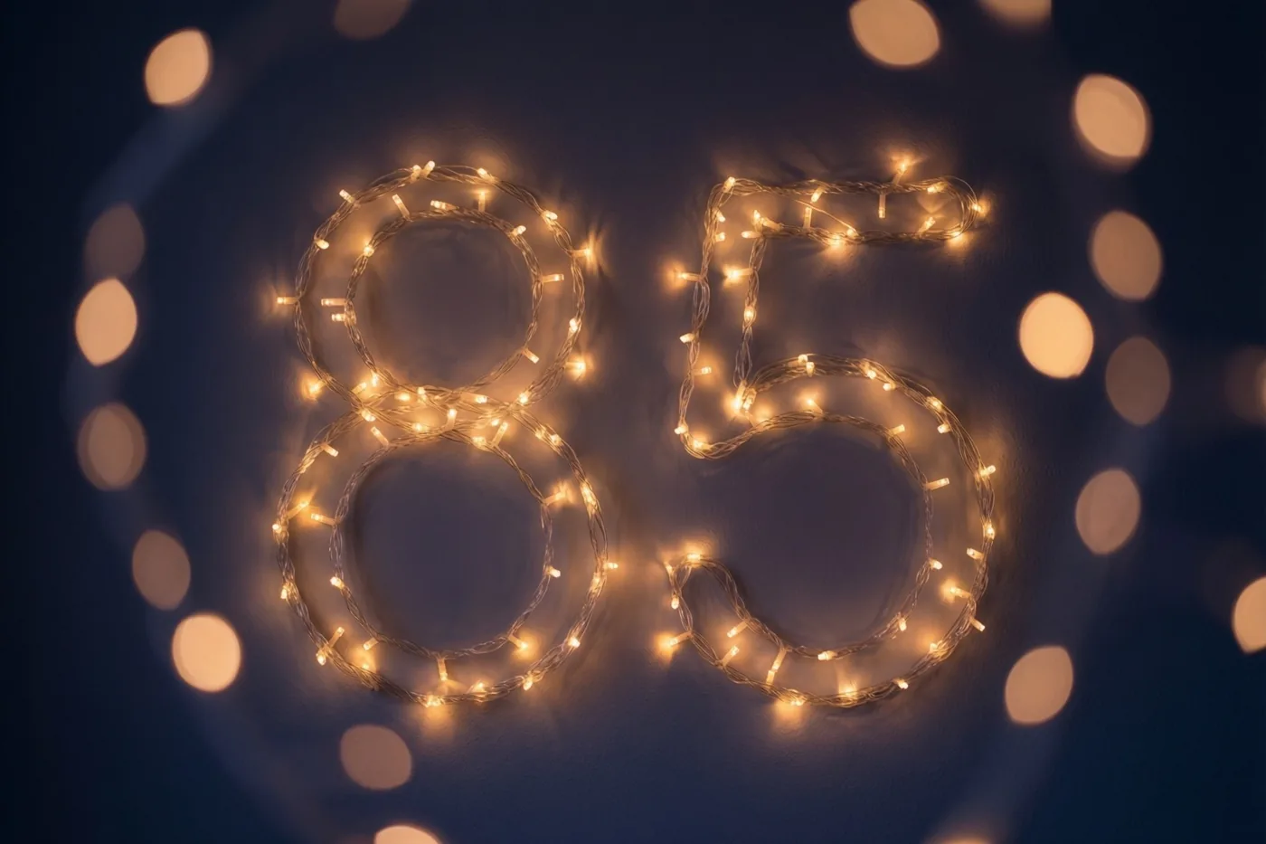 Warme lichtjes vormen 85 op een donkere muur, met onscherpe lichtpunten op de achtergrond.