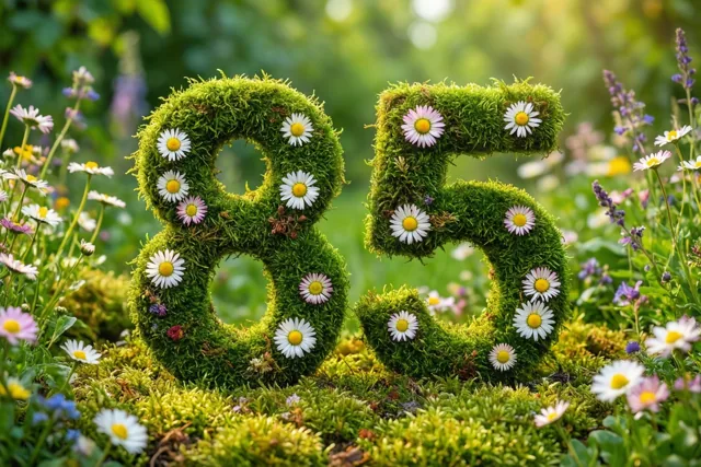 Het getal 85 is gevormd uit groen mos en versierd met madeliefjes in een landelijke tuin met onscherp groen op de achtergrond.