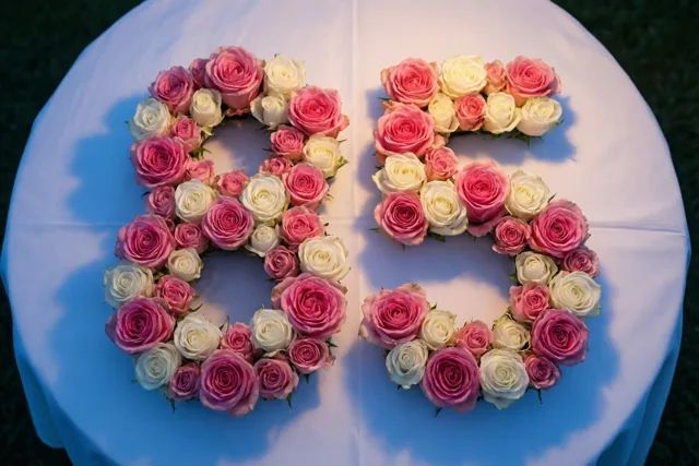 Van bovenaf zijn roze en witte rozen te zien die 85 vormen op een wit tafelkleed buiten op het gras, in zacht licht.