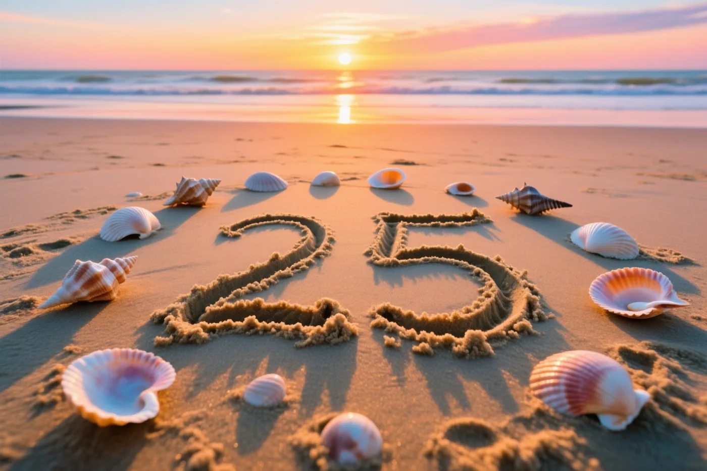 Het getal 25 is in strandzand getekend tussen schelpen, met een ondergaande zon boven zee en warme oranje en roze tinten.