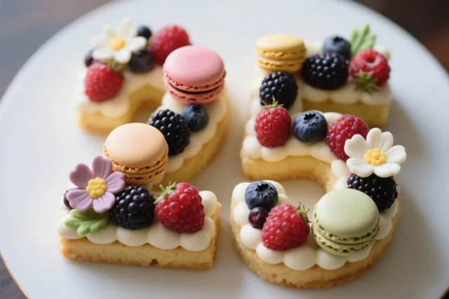 Een cijfertaart in de vorm van 25 met bessen, macarons en eetbare bloemen ligt op een wit bord in helder licht tegen een onscherpe achtergrond.