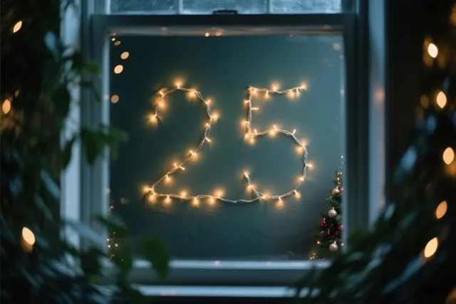 Door een raam is 25 van warme lichtjes op een donkerblauwgroene muur te zien, met onscherpe lichtjes op de voorgrond en rechts een kleine versierde kerstboom.