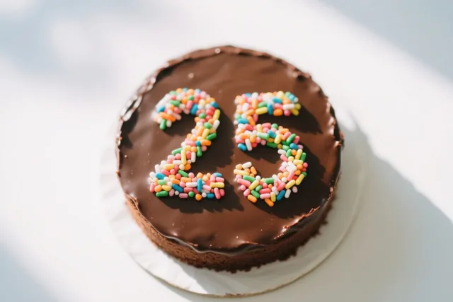 Van bovenaf is een ronde taart met glad chocoladeglazuur en 25 van gekleurde suikerstrooisels te zien tegen een witte achtergrond met zachte schaduwen.