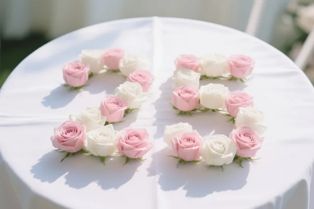 Roze en witte rozen vormen 25 op een wit tafelkleed, van bovenaf gezien in helder licht met zachte schaduwen.