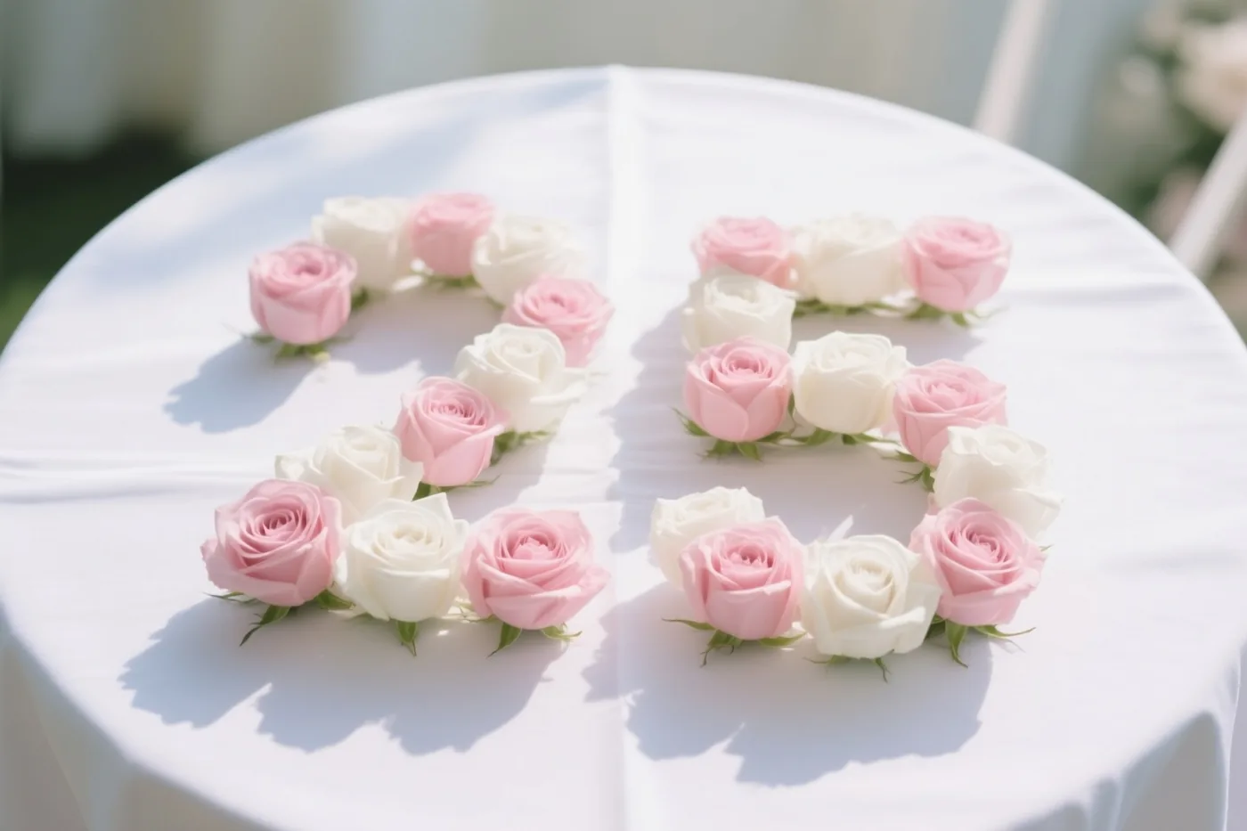 Roze en witte rozen vormen 25 op een wit tafelkleed, van bovenaf gezien in helder licht met zachte schaduwen.