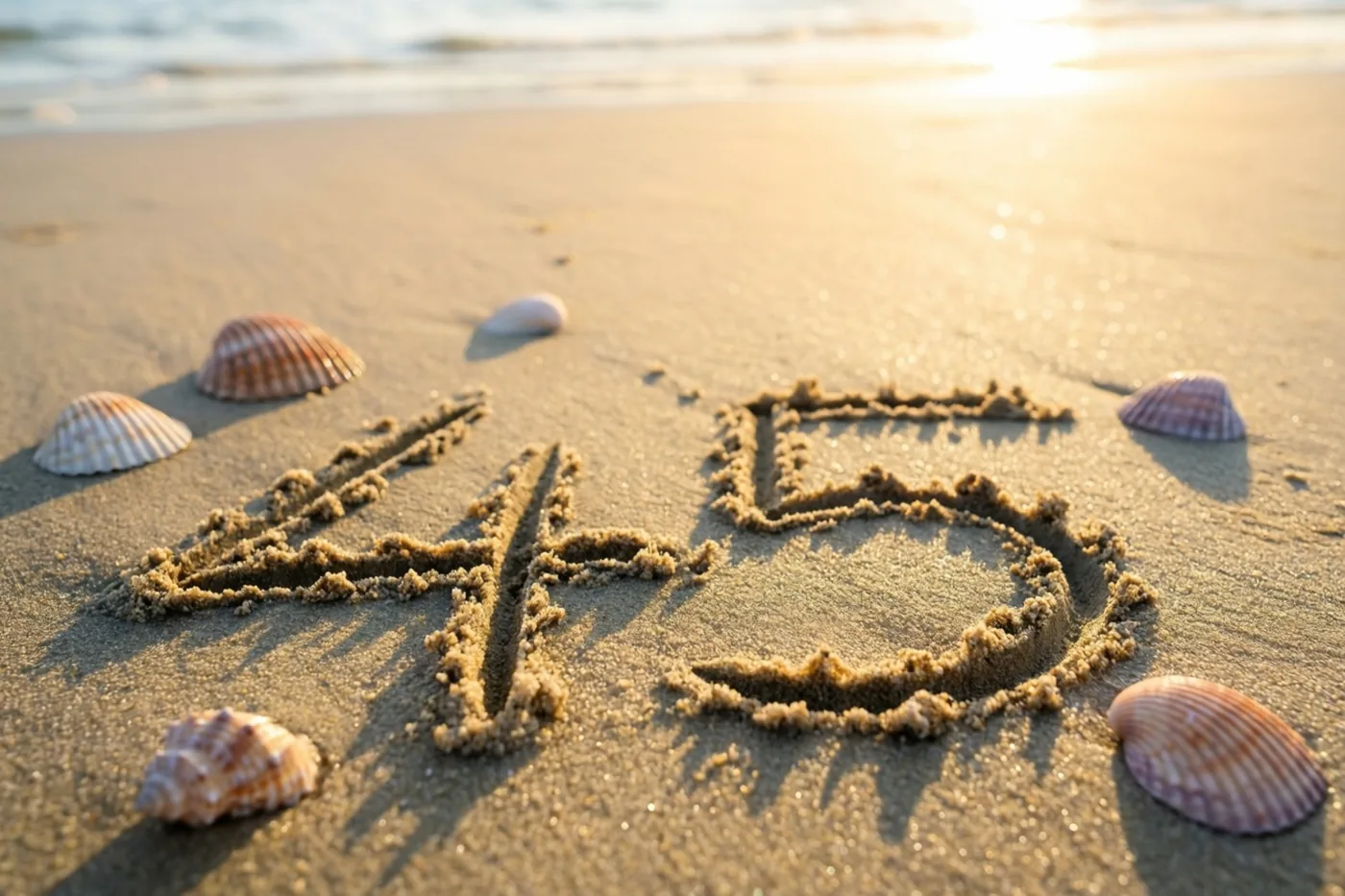 Het getal 45 is in het zand getekend tussen schelpen bij zonsondergang, met warm goudkleurig licht en onscherp water op de achtergrond.