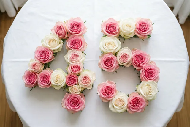 Van bovenaf is het getal 45 te zien, gevormd door roze en witte rozen op een wit tafelkleed.
