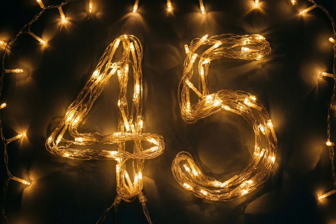 Warme lichtjes vormen 45 tegen een donkere muur, met zachte onscherpe lichtjes op de achtergrond.
