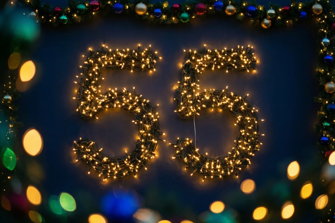 Warme lichtjes vormen 55 op een donkere muur, omlijst door een slinger met kleurrijke versieringen en onscherpe lichtjes.