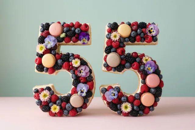 Twee grote cijfertaarten vormen 55 op een roze oppervlak tegen een lichtgroene achtergrond, versierd met frambozen, bramen, blauwe bessen, macarons en eetbare bloemen.