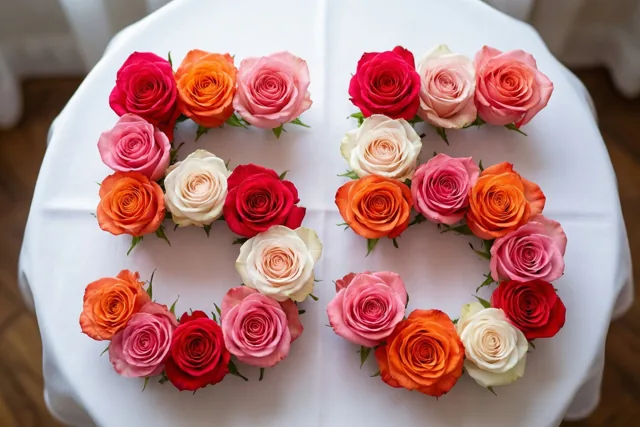 Van bovenaf is het getal 55 te zien, gevormd door rozen op een wit tafelkleed, met roze, rode, oranje en roomwitte tinten.