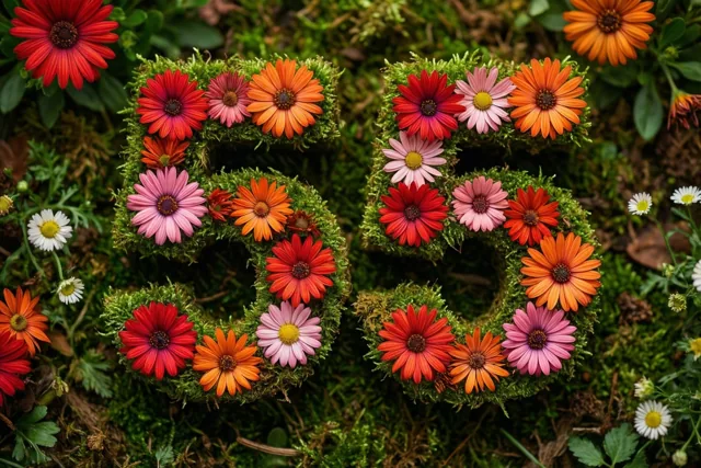 Een met groen mos bekleed raamwerk vormt 55 in een landelijke tuin en is versierd met kleurrijke madeliefjes in rode, oranje en roze tinten.