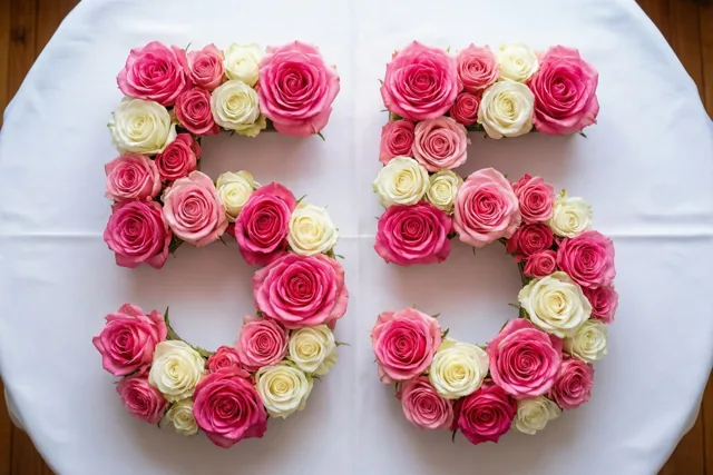 Het getal 55 is gevormd uit roze en witte rozen op een wit tafelkleed en van bovenaf gefotografeerd.